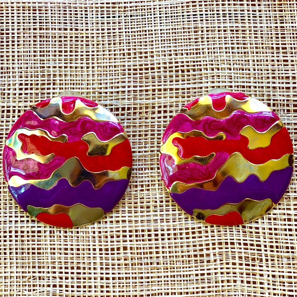 vintage brass and multi colored disc post earrings
